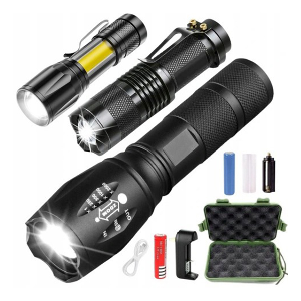 Sada 3 LED taktických svítilen se zoomem v kufříku – dobíjecí a vodotěsné