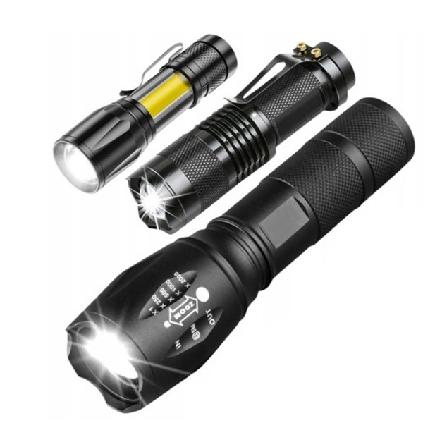 Sada 3 LED taktických svítilen se zoomem v kufříku – dobíjecí a vodotěsné