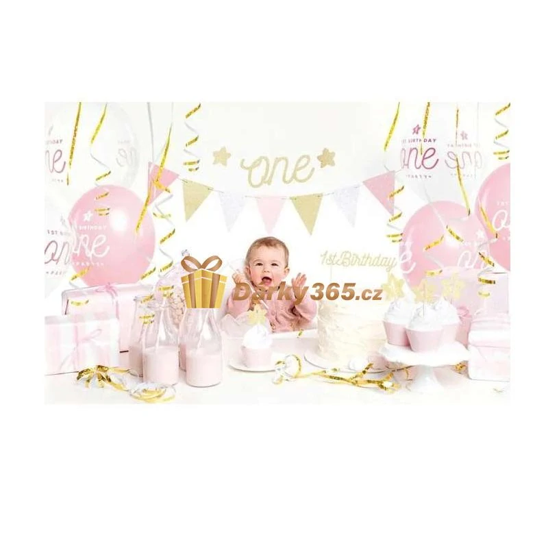 Sada 33ks dekorací na oslavu 1. narozenin růžová a zlatá