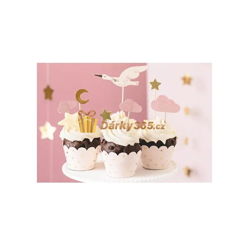 Ozdoby na cupcake - Čáp růžový, 7 ks