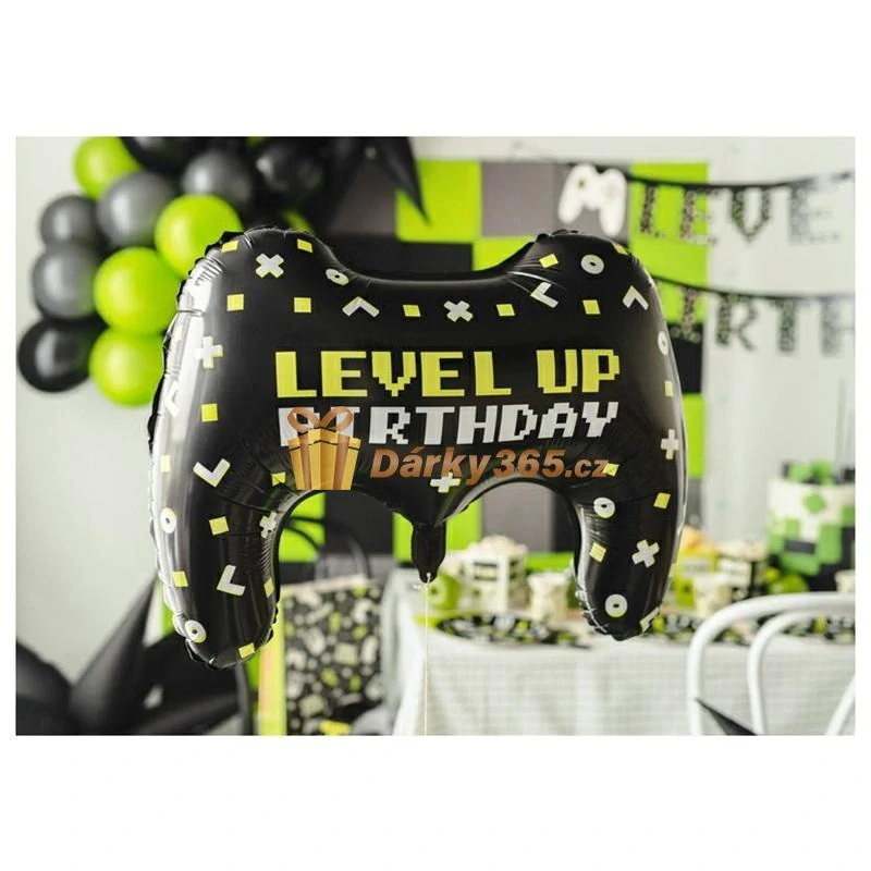 Balónek fóliový Gamepad " Level Up Birthday " 75 x 52 cm černý