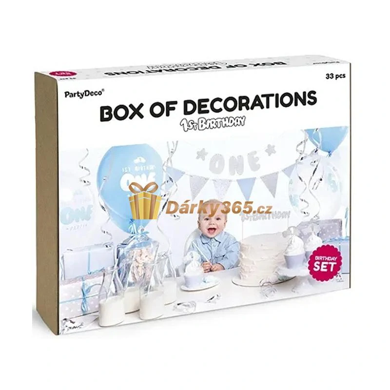 Sada 33ks dekorací na oslavu 1. narozenin modrá a stříbrná