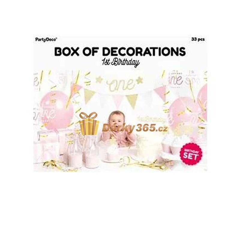 Sada 33ks dekorací na oslavu 1. narozenin růžová a zlatá