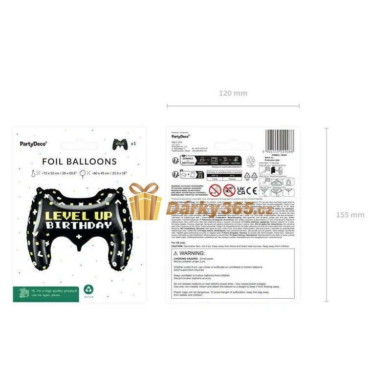 Balónek fóliový Gamepad " Level Up Birthday " 75 x 52 cm černý