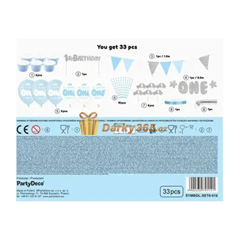 Sada 33ks dekorací na oslavu 1. narozenin modrá a stříbrná