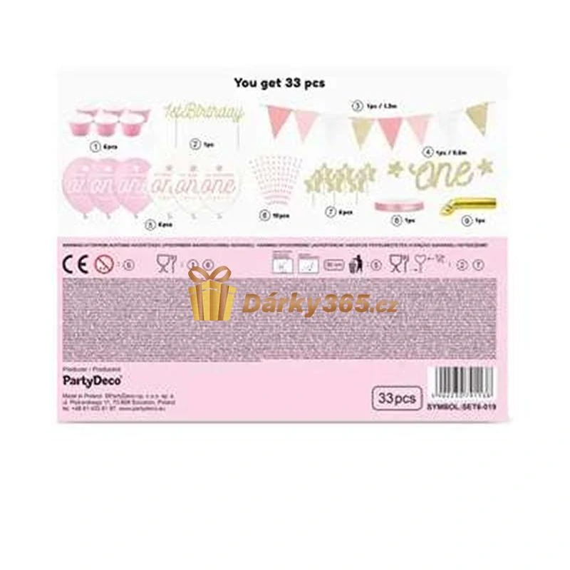 Sada 33ks dekorací na oslavu 1. narozenin růžová a zlatá
