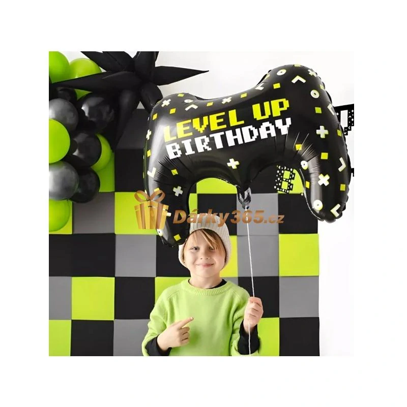 Balónek fóliový Gamepad " Level Up Birthday " 75 x 52 cm černý