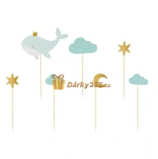 Ozdoby na cupcake - velryba modrá, 7 ks